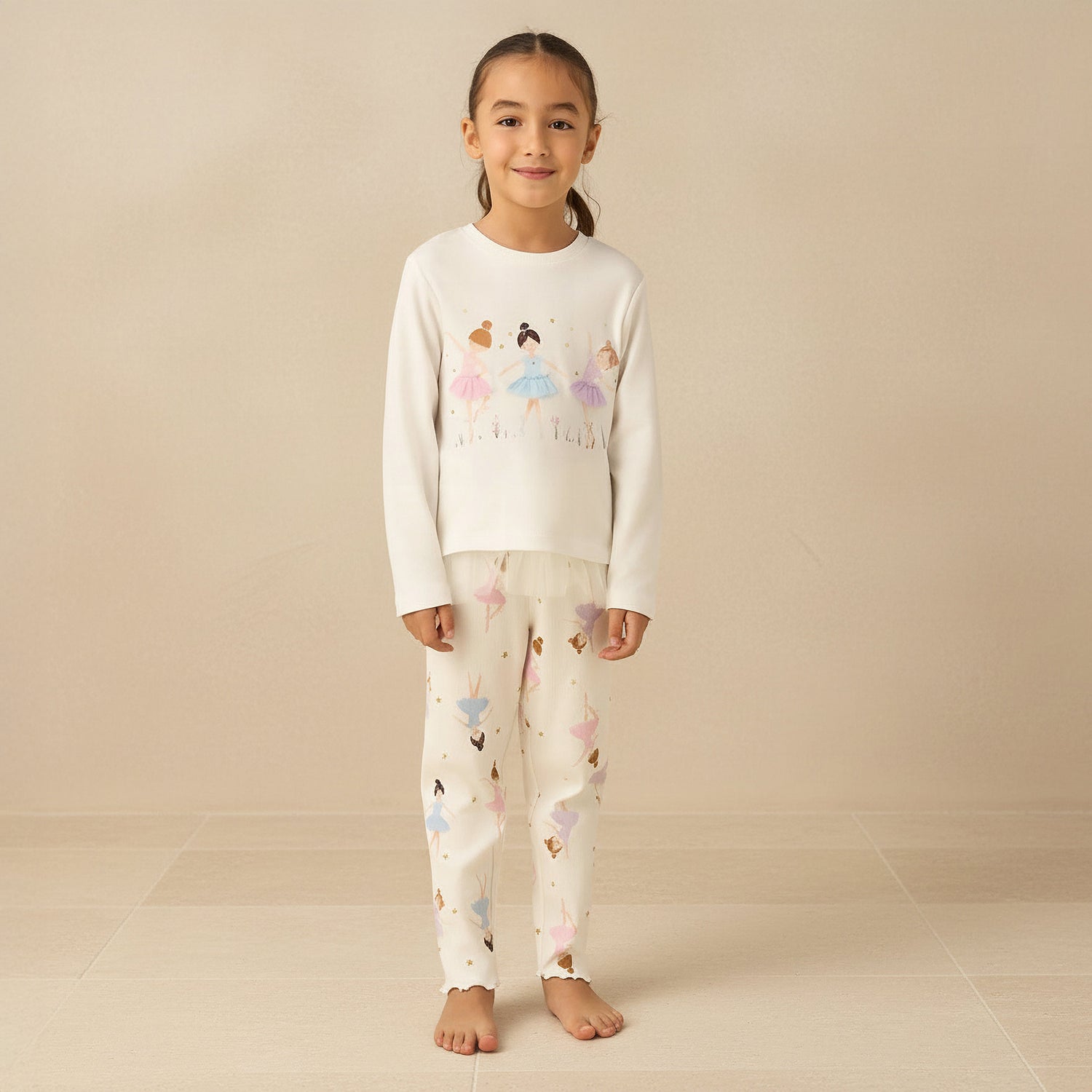 Juniors Cotton Crew Neck Long Sleeves Pyjama Set with Ballerina Print - Cream / 2-3 yrs