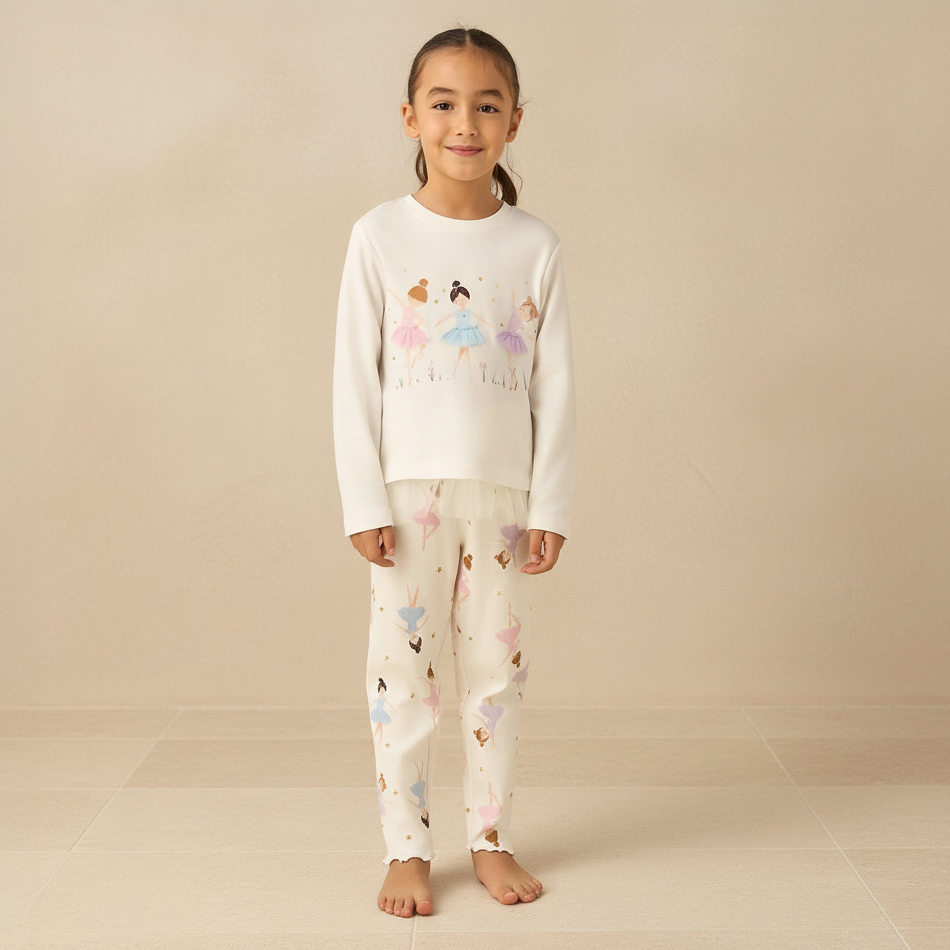 Juniors Cotton Crew Neck Long Sleeves Pyjama Set with Ballerina Print