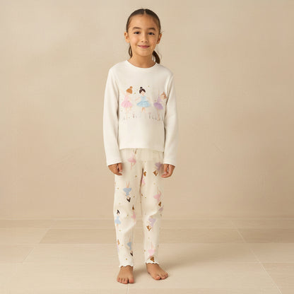 Juniors Cotton Crew Neck Long Sleeves Pyjama Set with Ballerina Print