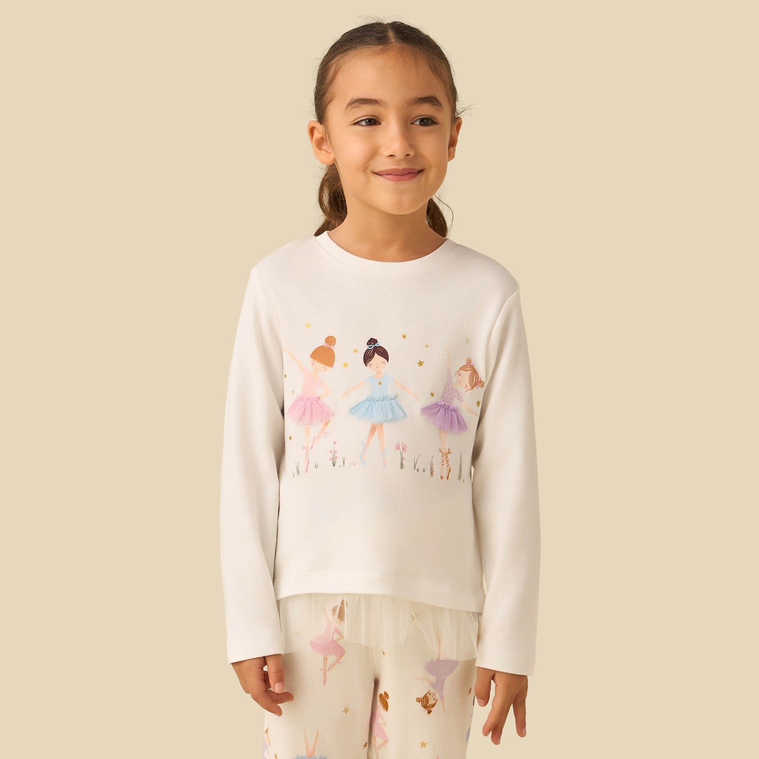 Juniors Cotton Crew Neck Long Sleeves Pyjama Set with Ballerina Print