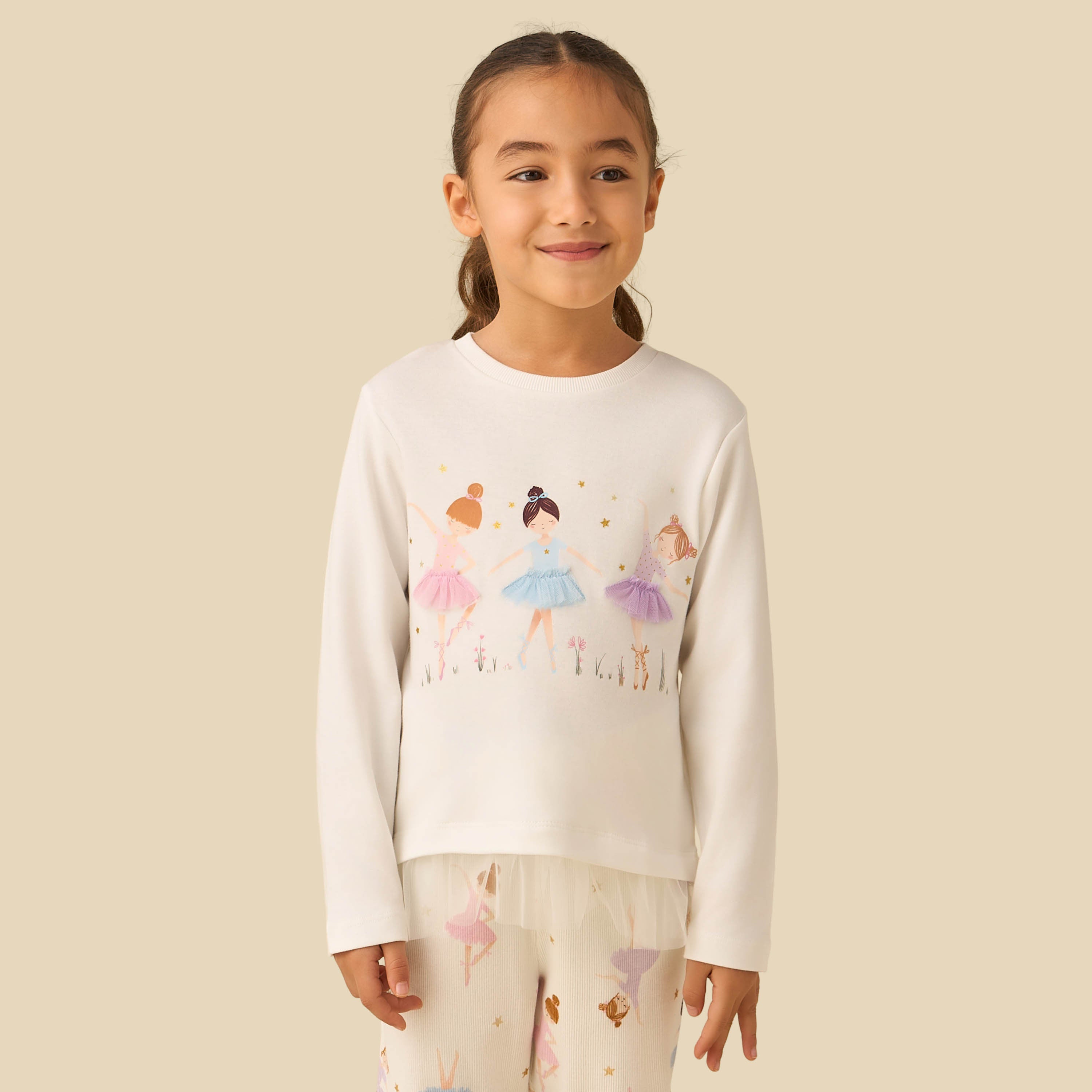 Juniors Cotton Crew Neck Long Sleeves Pyjama Set with Ballerina Print
