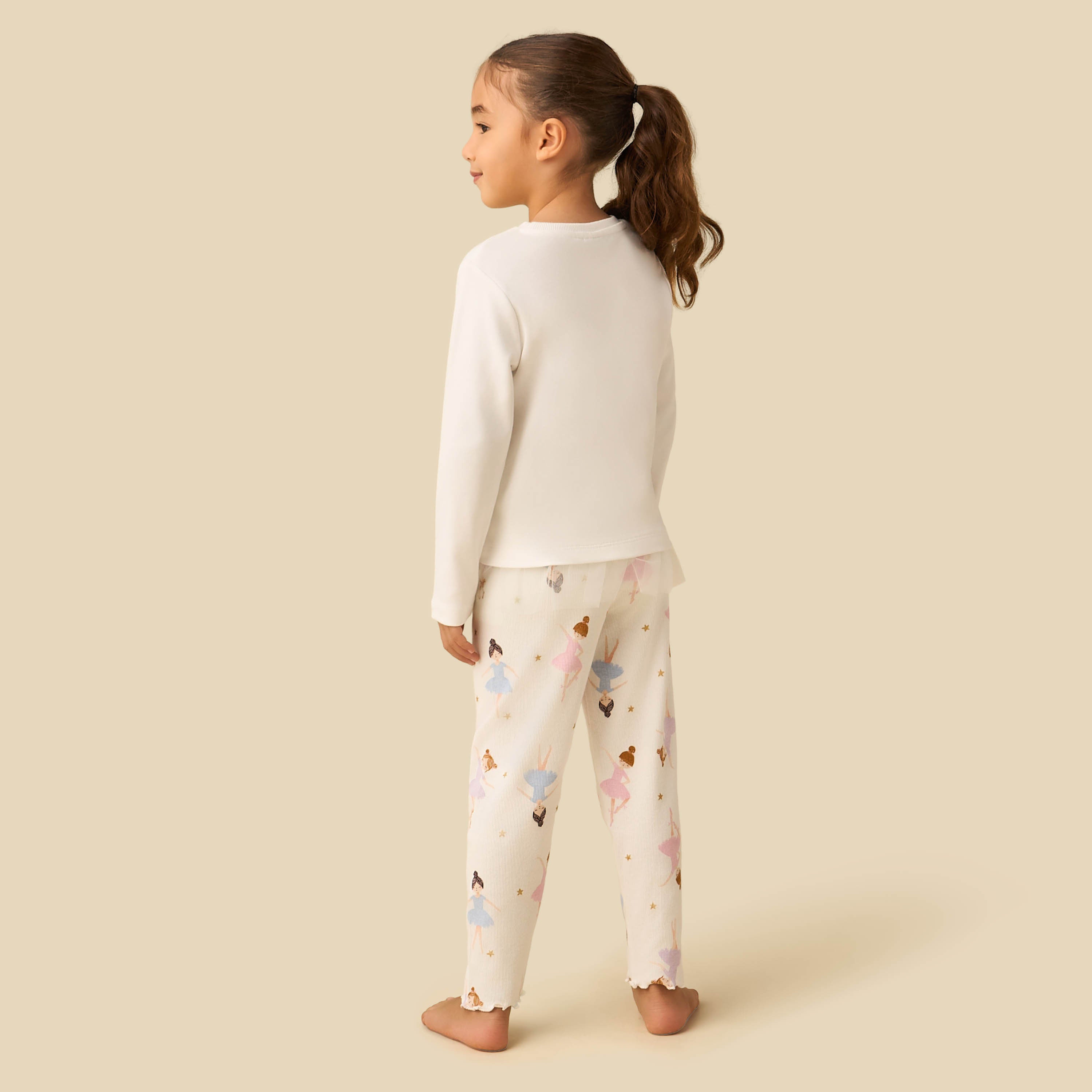 Juniors Cotton Crew Neck Long Sleeves Pyjama Set with Ballerina Print