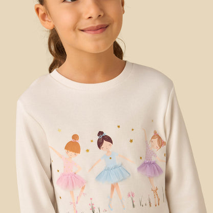 Juniors Cotton Crew Neck Long Sleeves Pyjama Set with Ballerina Print