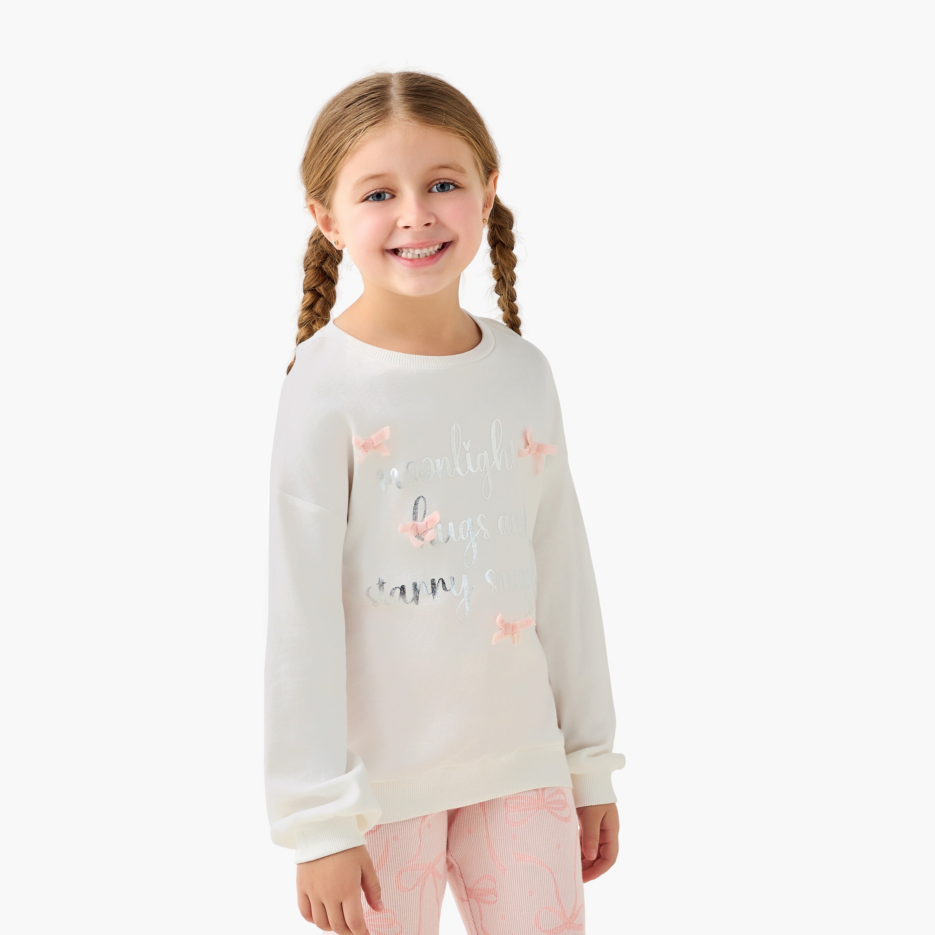 Juniors Cotton Crew Neck Long Sleeves Pyjama Set with Print