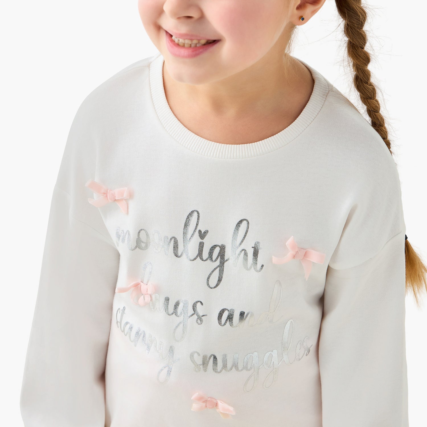 Juniors Cotton Crew Neck Long Sleeves Pyjama Set with Print