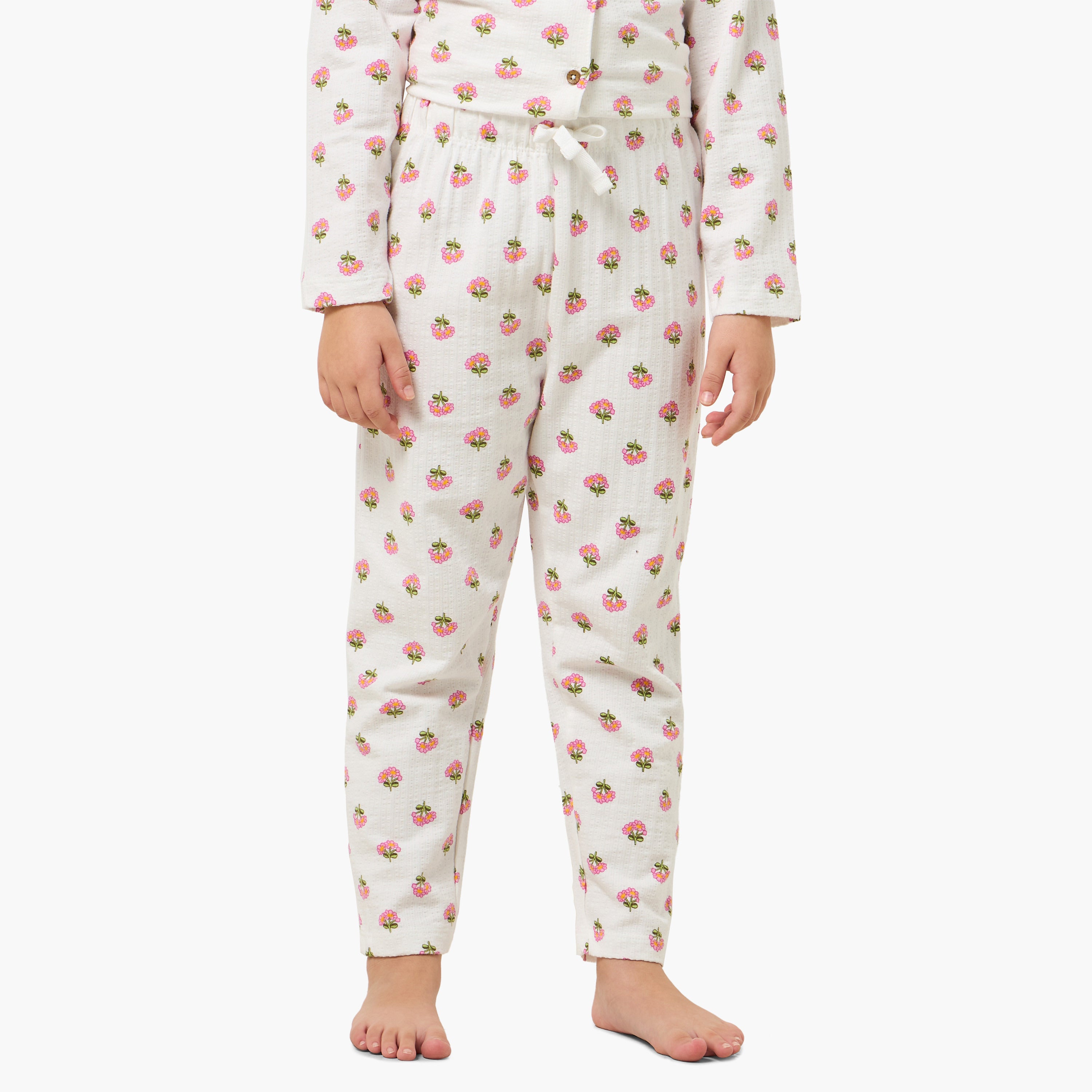 Juniors Cotton Collared Long Sleeves Pyjama Set with Floral Print