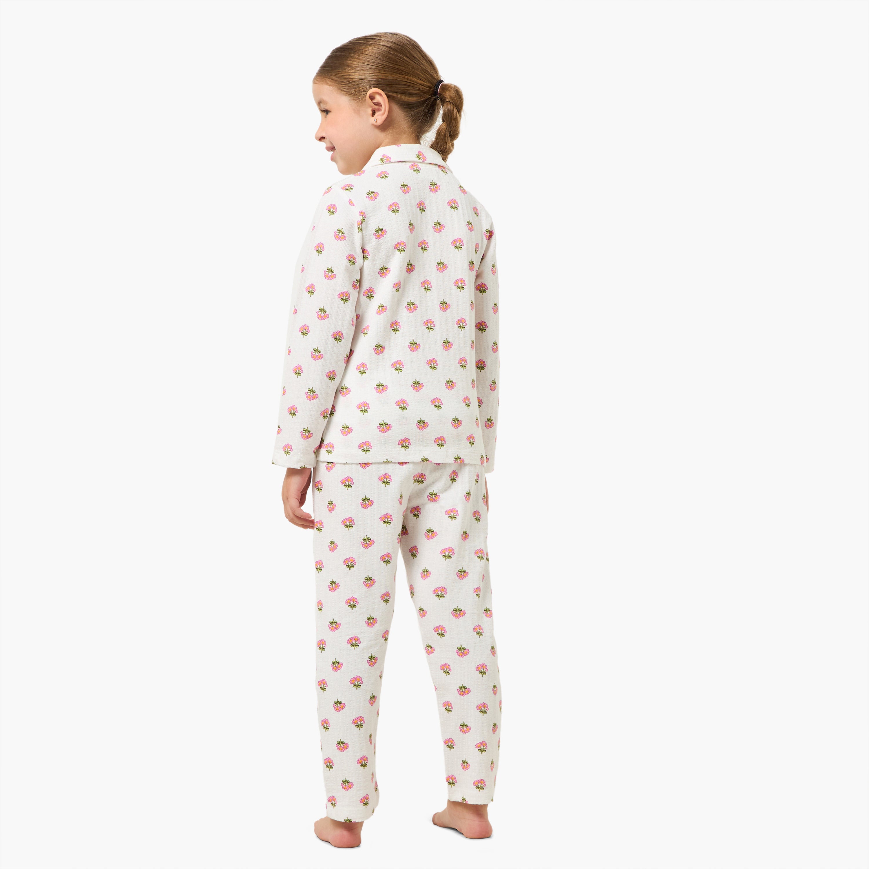 Juniors Cotton Collared Long Sleeves Pyjama Set with Floral Print
