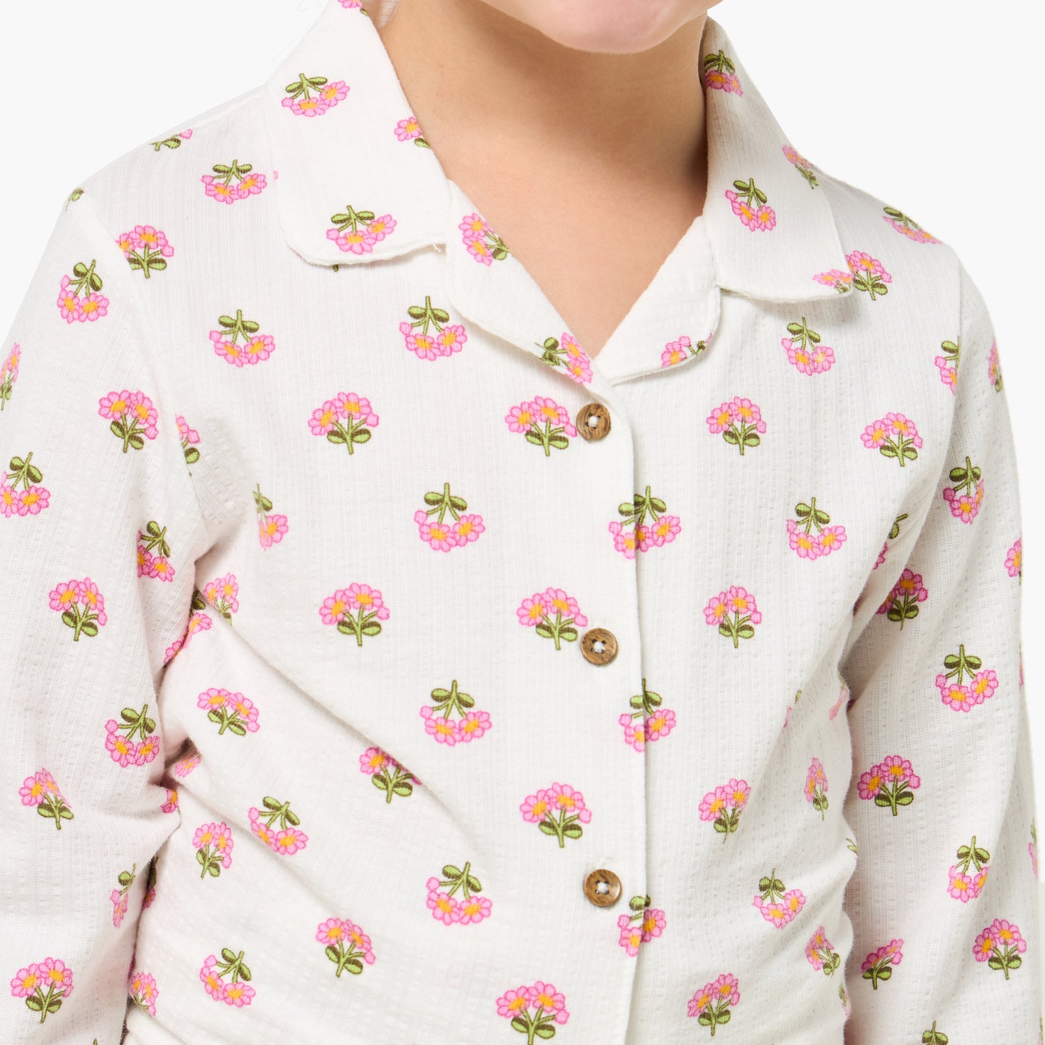 Juniors Cotton Collared Long Sleeves Pyjama Set with Floral Print