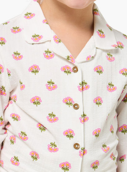 Juniors Cotton Collared Long Sleeves Pyjama Set with Floral Print-girls-clothing-nightwear-image-6