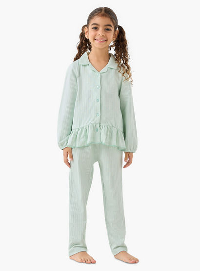 Juniors Cotton Collared Long Sleeves Pyjama Set with Striped Ruffle Detail-girls-clothing-nightwear-image-1
