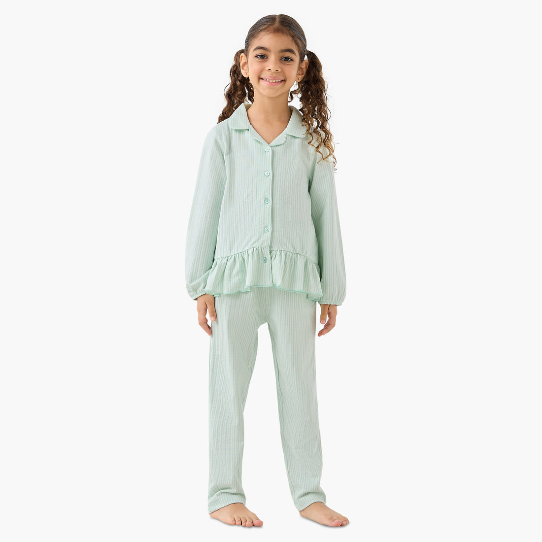 Juniors Cotton Collared Long Sleeves Pyjama Set with Striped Ruffle Detail - Green / 3-4 yrs