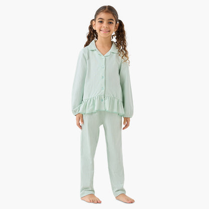 Juniors Cotton Collared Long Sleeves Pyjama Set with Striped Ruffle Detail - Green / 3-4 yrs