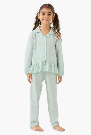 Juniors Cotton Collared Long Sleeves Pyjama Set with Striped Ruffle Detail