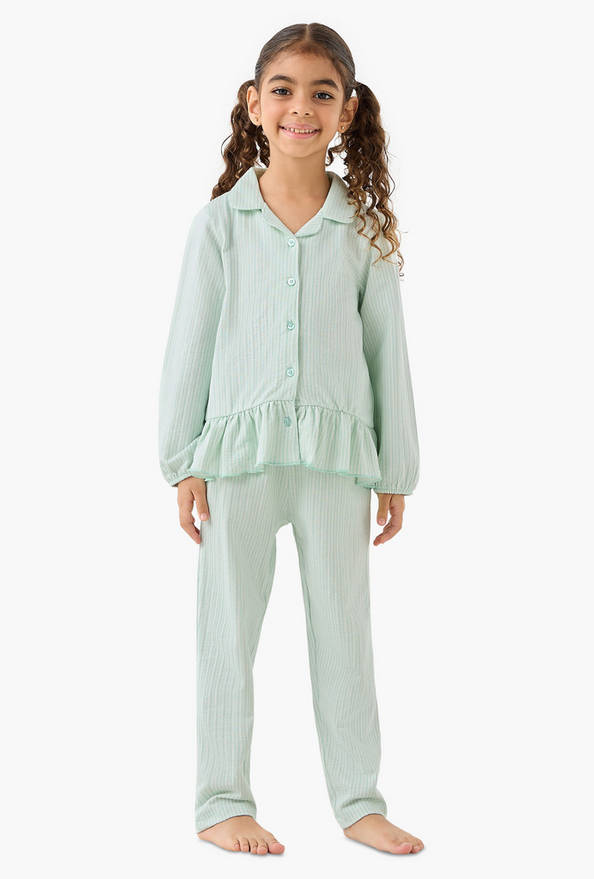Juniors Cotton Collared Long Sleeves Pyjama Set with Striped Ruffle Detail