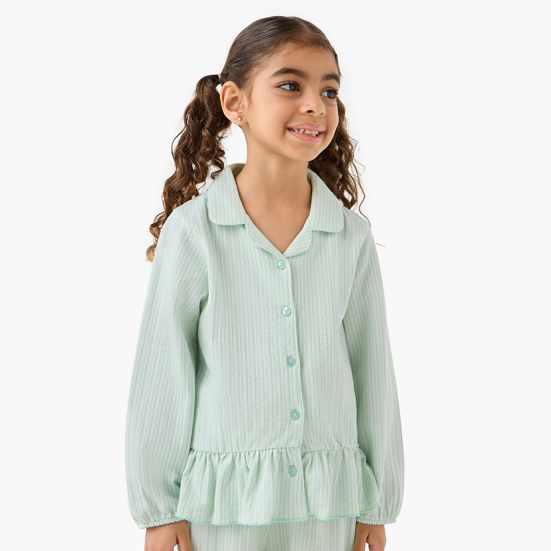 Juniors Cotton Collared Long Sleeves Pyjama Set with Striped Ruffle Detail