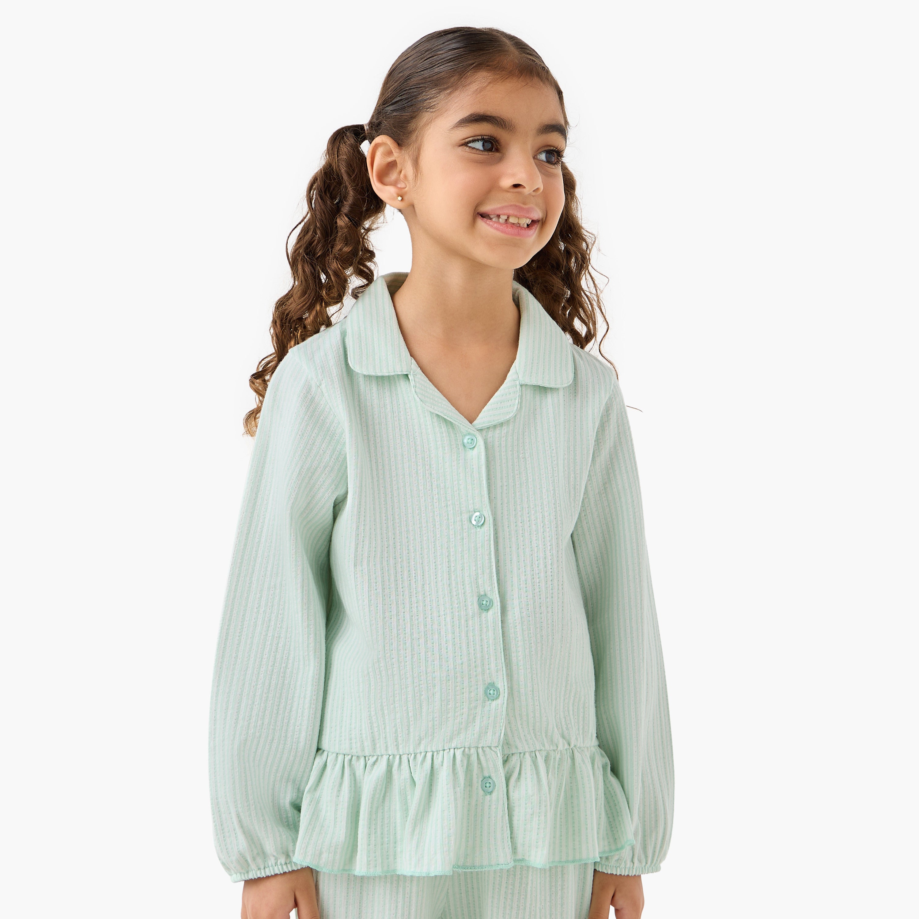Juniors Cotton Collared Long Sleeves Pyjama Set with Striped Ruffle Detail