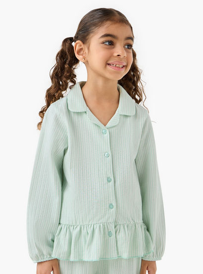 Juniors Cotton Collared Long Sleeves Pyjama Set with Striped Ruffle Detail-girls-clothing-nightwear-image-2