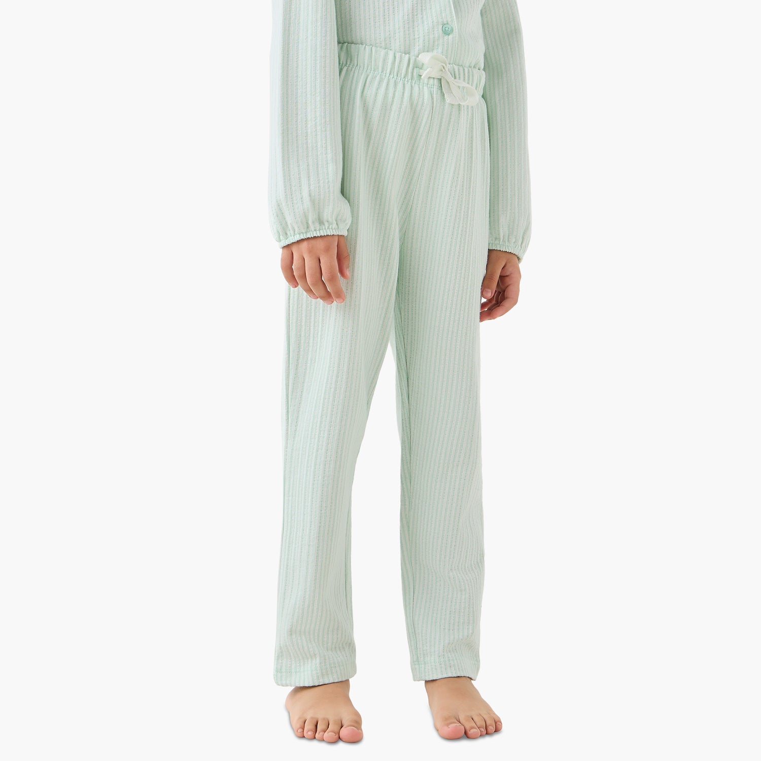 Juniors Cotton Collared Long Sleeves Pyjama Set with Striped Ruffle Detail