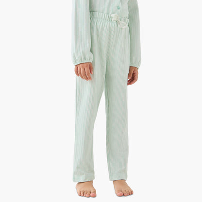 Juniors Cotton Collared Long Sleeves Pyjama Set with Striped Ruffle Detail