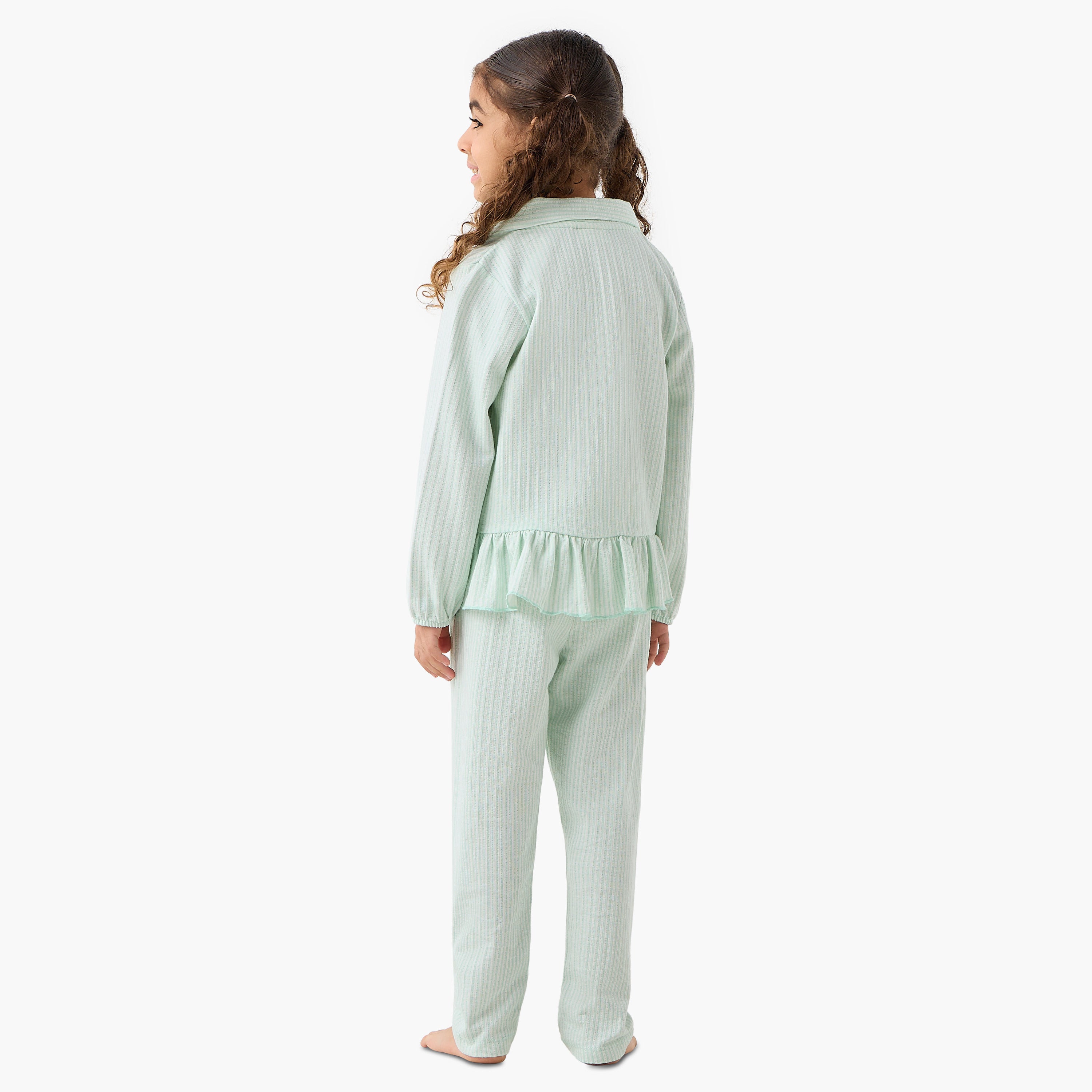 Juniors Cotton Collared Long Sleeves Pyjama Set with Striped Ruffle Detail