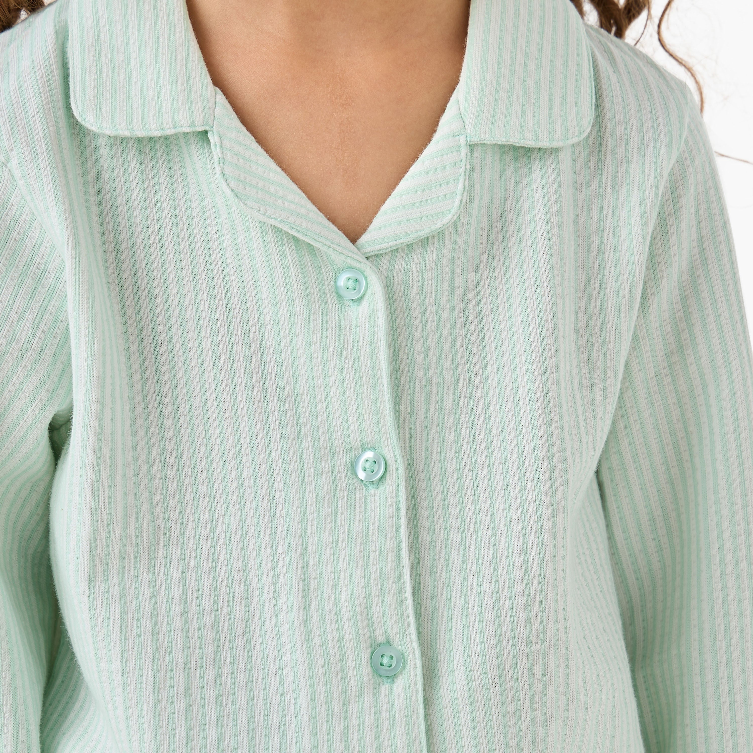 Juniors Cotton Collared Long Sleeves Pyjama Set with Striped Ruffle Detail