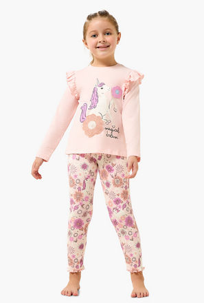 Juniors Cotton Crew Neck Long Sleeves Pyjama Set with Unicorn Print