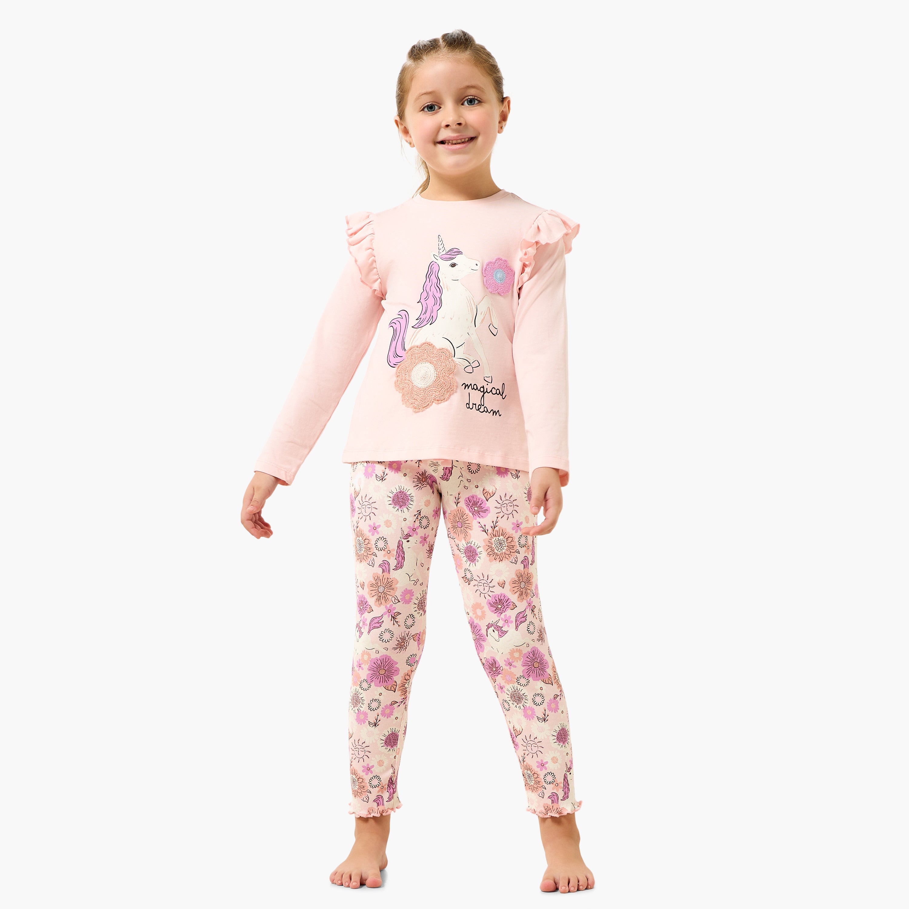 Juniors Cotton Crew Neck Long Sleeves Pyjama Set with Unicorn Print - Pink / 5-6 yrs