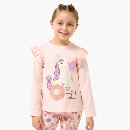 Juniors Cotton Crew Neck Long Sleeves Pyjama Set with Unicorn Print