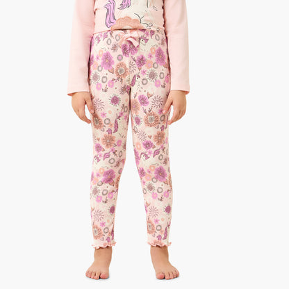 Juniors Cotton Crew Neck Long Sleeves Pyjama Set with Unicorn Print