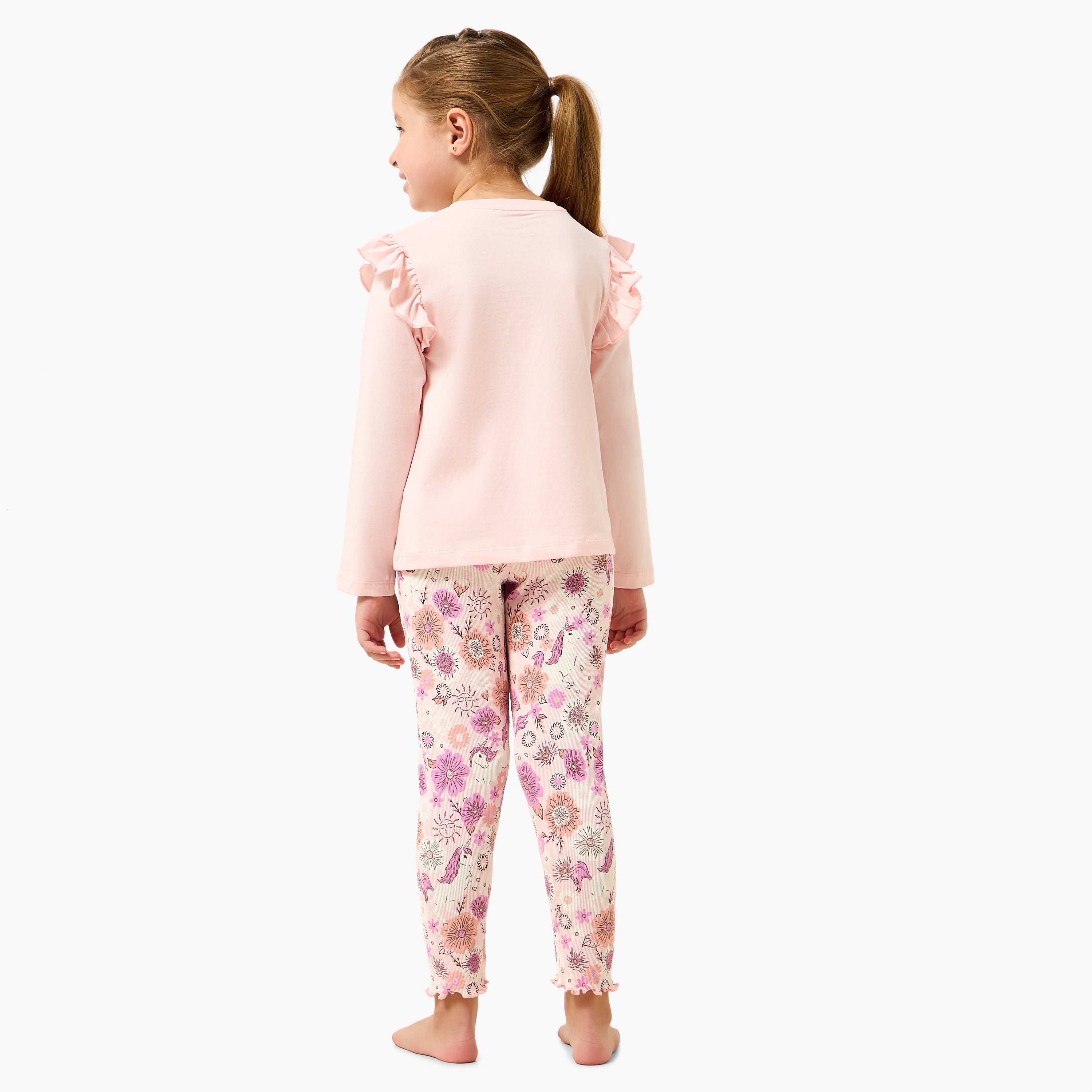 Juniors Cotton Crew Neck Long Sleeves Pyjama Set with Unicorn Print