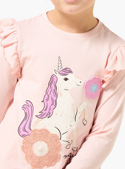 Juniors Cotton Crew Neck Long Sleeves Pyjama Set with Unicorn Print-girls-clothing-nightwear-image-5