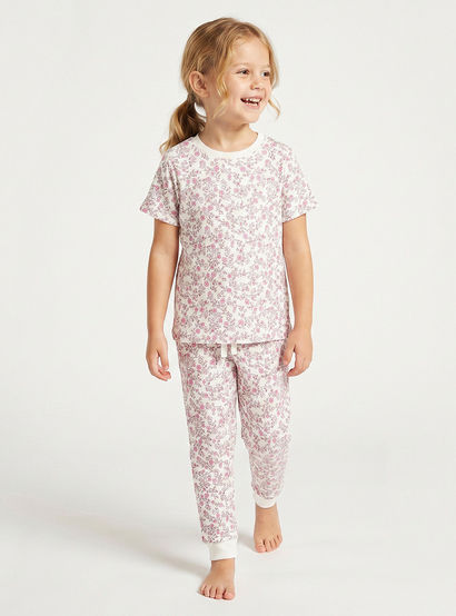 Juniors Cotton Round Neck Short Sleeves Pyjama Set with Floral Print-girls-clothing-nightwear-image-1