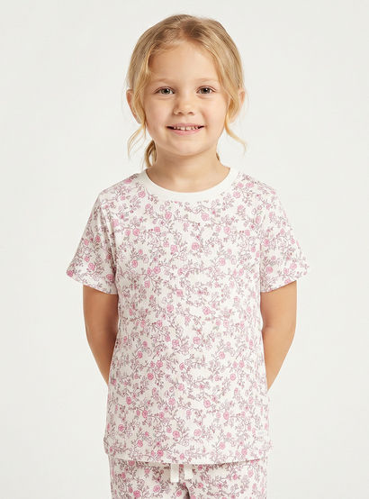 Juniors Cotton Round Neck Short Sleeves Pyjama Set with Floral Print-girls-clothing-nightwear-image-2