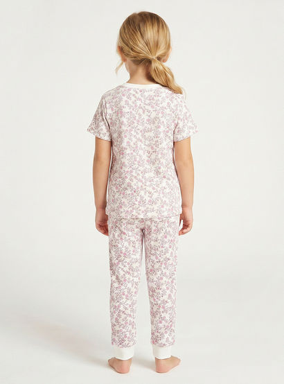 Juniors Cotton Round Neck Short Sleeves Pyjama Set with Floral Print-girls-clothing-nightwear-image-3