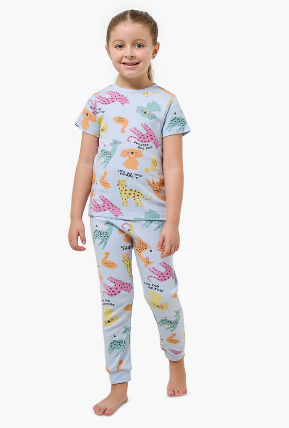 Juniors Cotton Crew Neck Short Sleeves Pyjama Set with Fun Print
