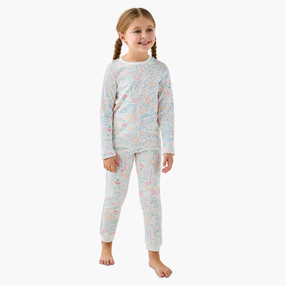 Juniors Cotton Crew Neck Long Sleeves Pyjama Set with Print - White / 2-3 yrs