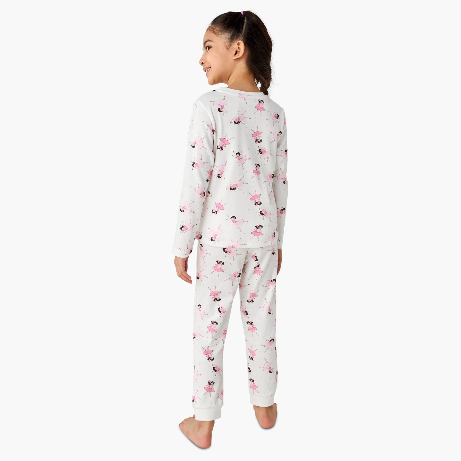 Juniors Cotton Crew Neck Long Sleeve Pyjama Set with Ballerina Print