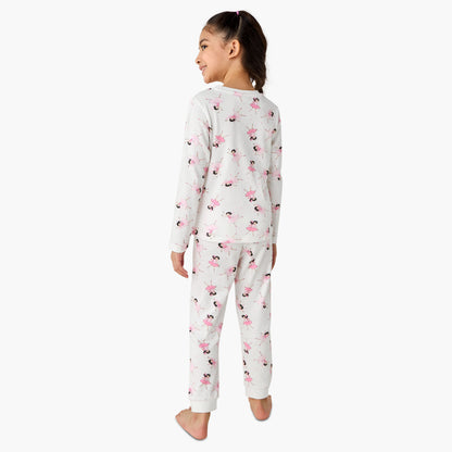 Juniors Cotton Crew Neck Long Sleeve Pyjama Set with Ballerina Print