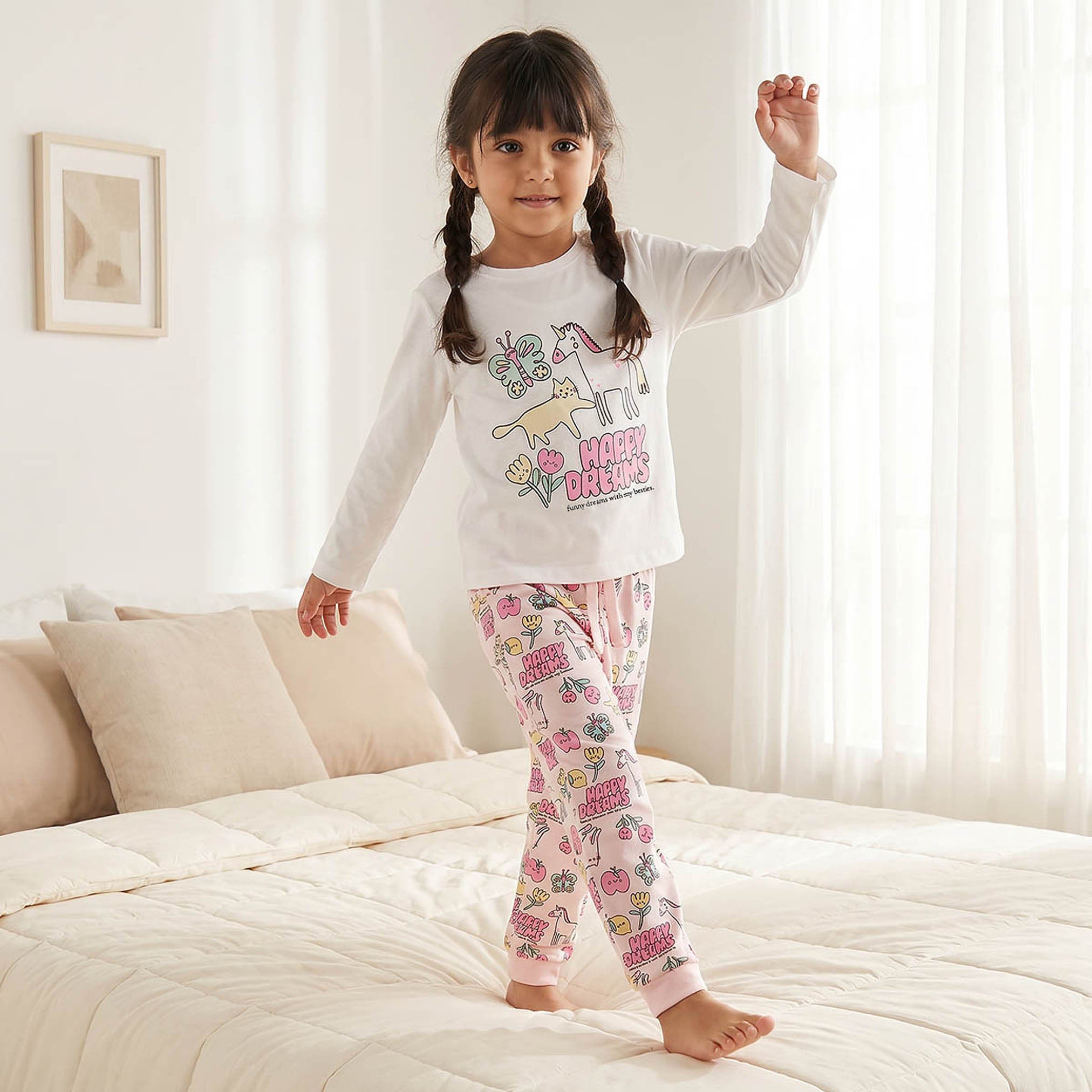 Juniors Cotton Crew Neck Long Sleeves Pyjama Set with Print - Pink / 7-8 yrs