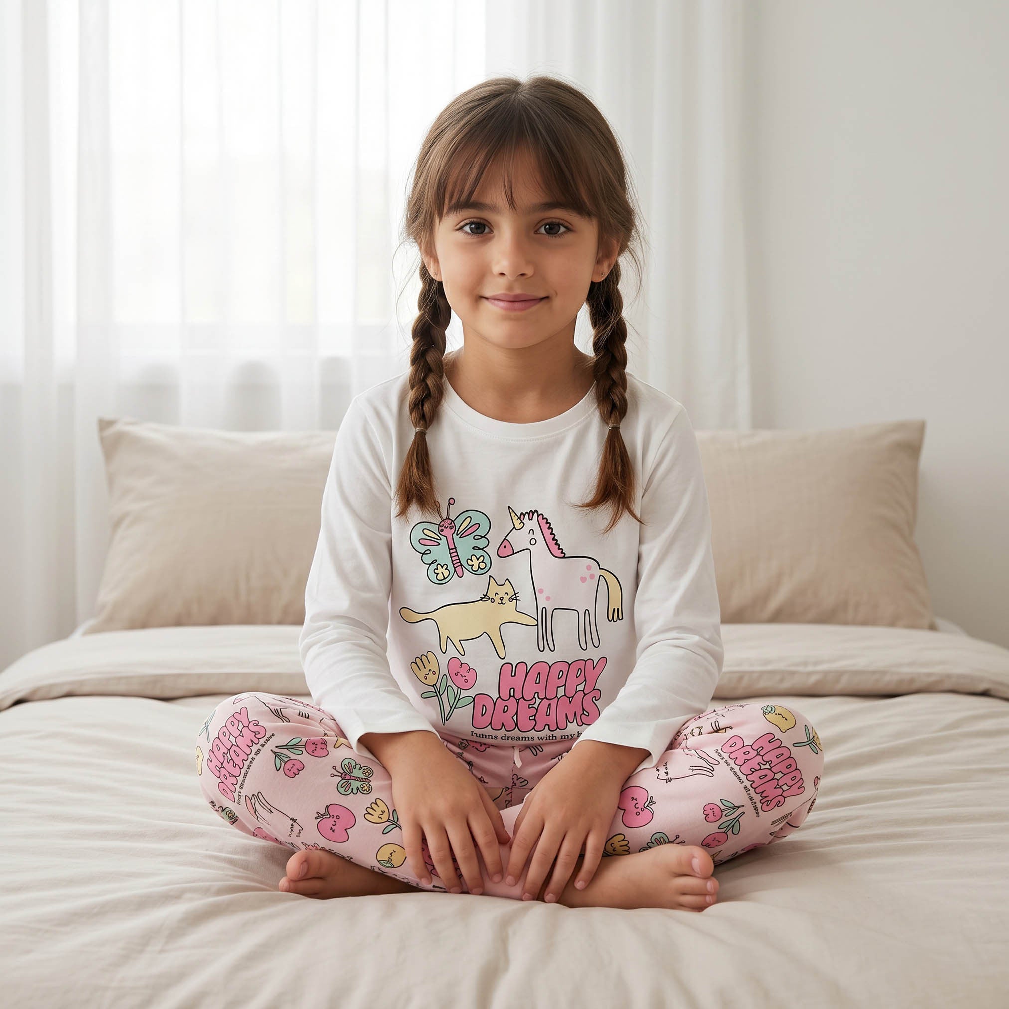 Juniors Cotton Crew Neck Long Sleeves Pyjama Set with Print