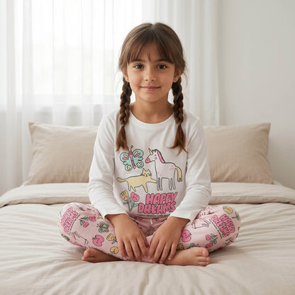 Juniors Cotton Crew Neck Long Sleeves Pyjama Set with Print
