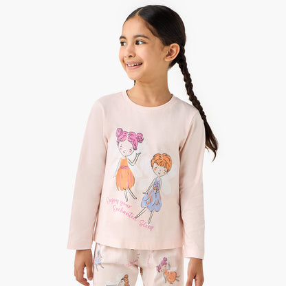 Juniors Cotton Round Neck Long Sleeves Pyjama Set with Fairy Print