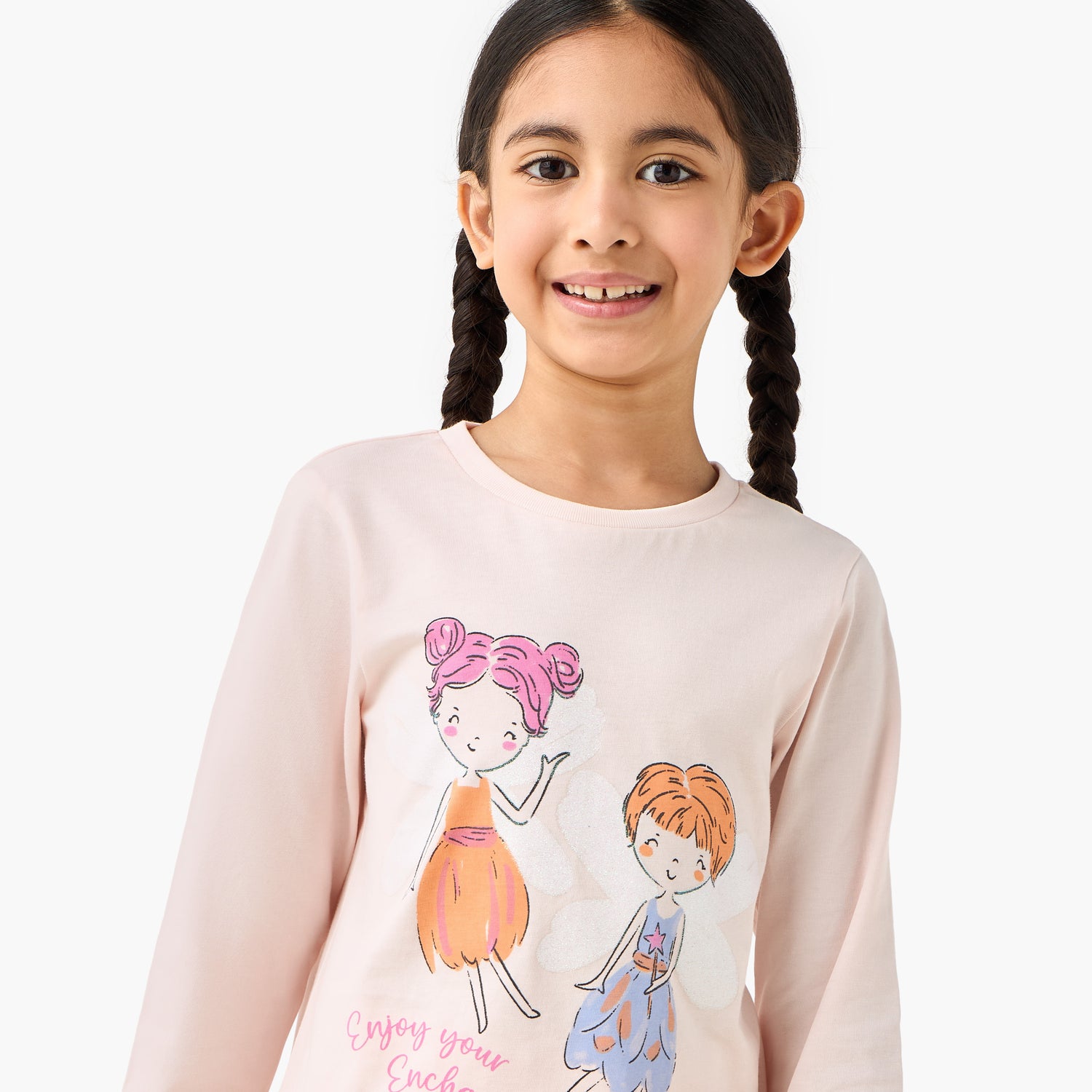 Juniors Cotton Round Neck Long Sleeves Pyjama Set with Fairy Print