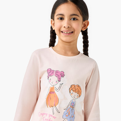 Juniors Cotton Round Neck Long Sleeves Pyjama Set with Fairy Print