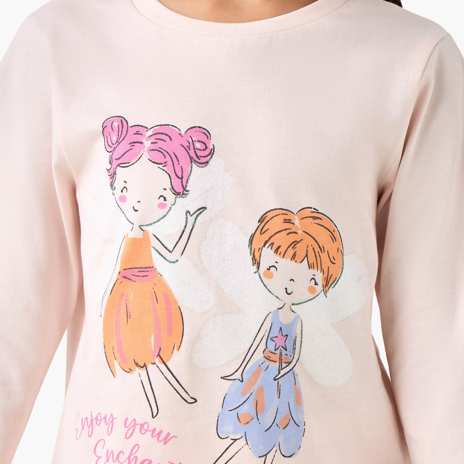 Juniors Cotton Round Neck Long Sleeves Pyjama Set with Fairy Print