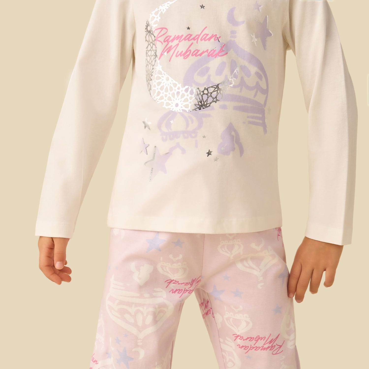 Juniors Cotton Crew Neck Long Sleeves Pyjama Set with Ramadan Mubarak Print