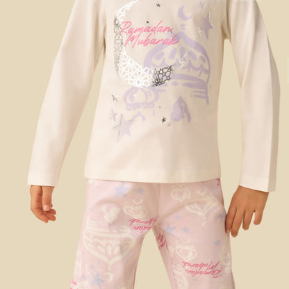 Juniors Cotton Crew Neck Long Sleeves Pyjama Set with Ramadan Mubarak Print