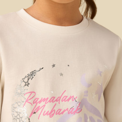 Juniors Cotton Crew Neck Long Sleeves Pyjama Set with Ramadan Mubarak Print