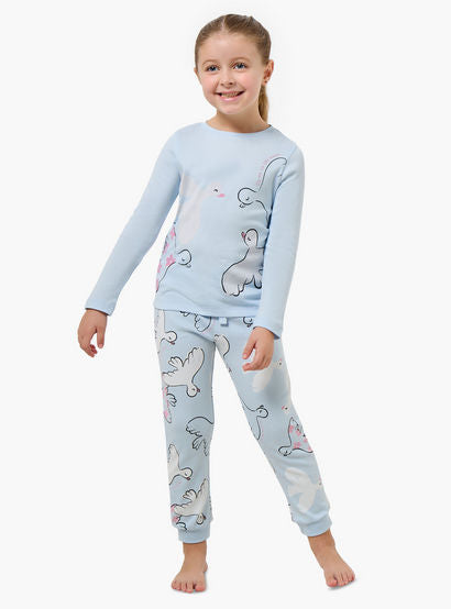 Juniors Cotton Crew Neck Long Sleeves Pyjama Set with Bird Print-girls-clothing-nightwear-image-1