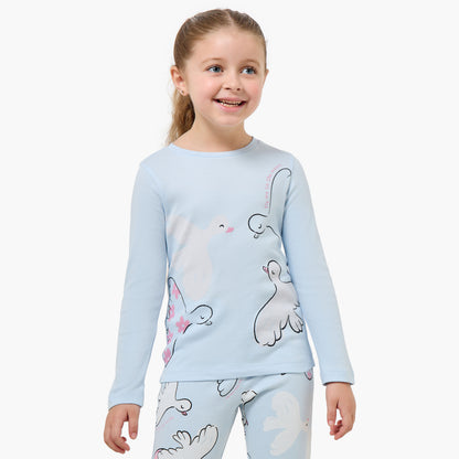 Juniors Cotton Crew Neck Long Sleeves Pyjama Set with Bird Print